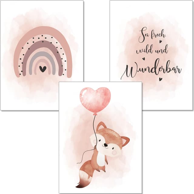 artpin® Poster Kinderzimmer, 3er Set Bilder Babyzimmer Mädchen 🎈🌈🦊