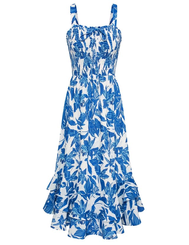 GRACE KARIN Damen langes Blumenkleid 🌹 Maxikleid Strandkleider Urlaub Weiß-blaue Blume M