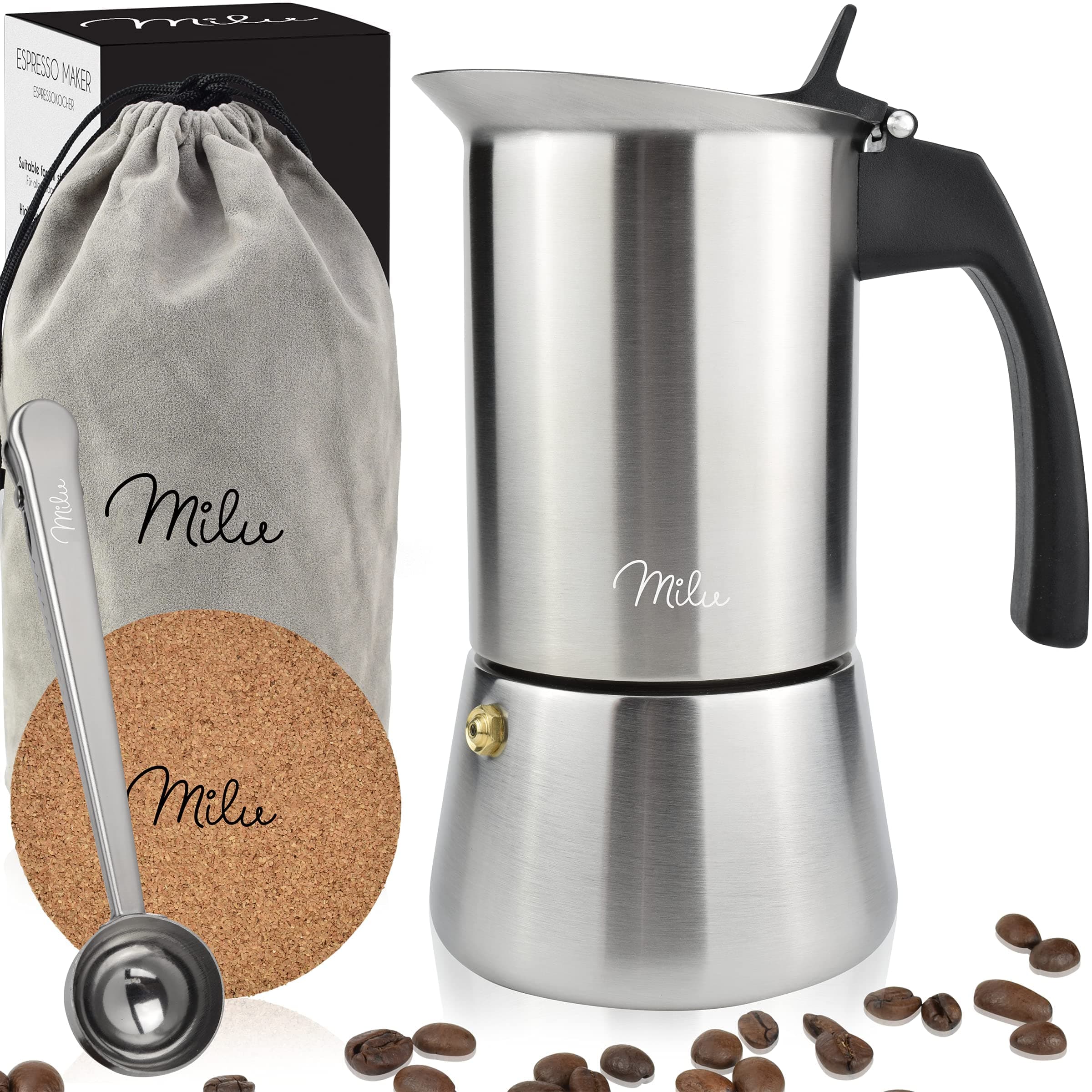 Milu Espressokocher Induktion | Schwarz | 4 Tassen | Edelstahl Espresso Maker Set