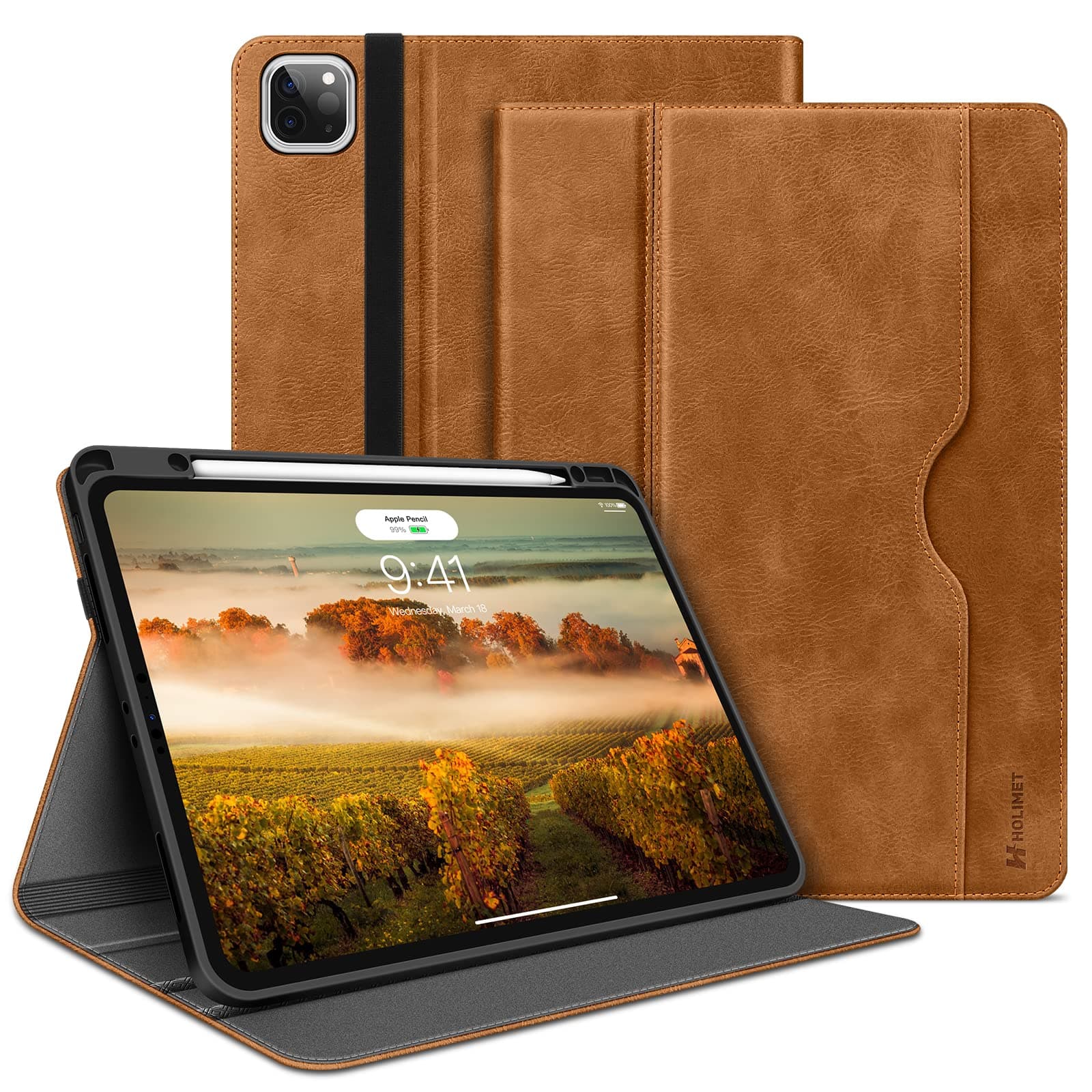 HOLIMET Hülle für iPad Pro 12.9 Zoll 2022/2021/2020/2018 (6./5./4./3. Generation) 🍻 mit Stifthalter und Multi-Winkel Ständer (Braun) - 33.06€