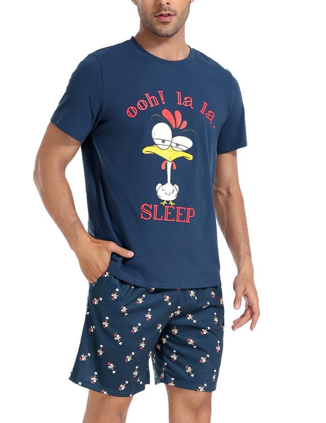 Jezonga Herren Schlafanzug Kurz Pyjama mit lustigem Hahn T-Shirt