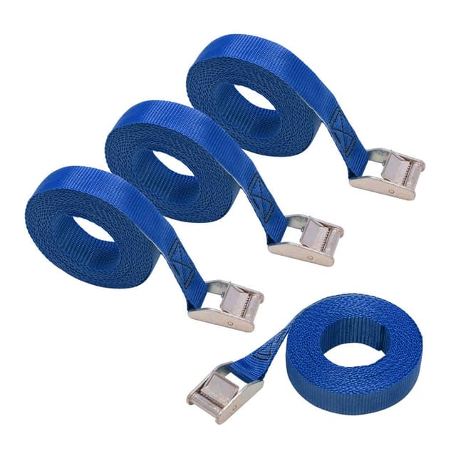🔥 Deal! Amazon Basics Spanngurt, 2.5 m lang, 25 mm breit, 150 kg Belastbarkeit, DIN entspricht, Blau, 4er-Pack