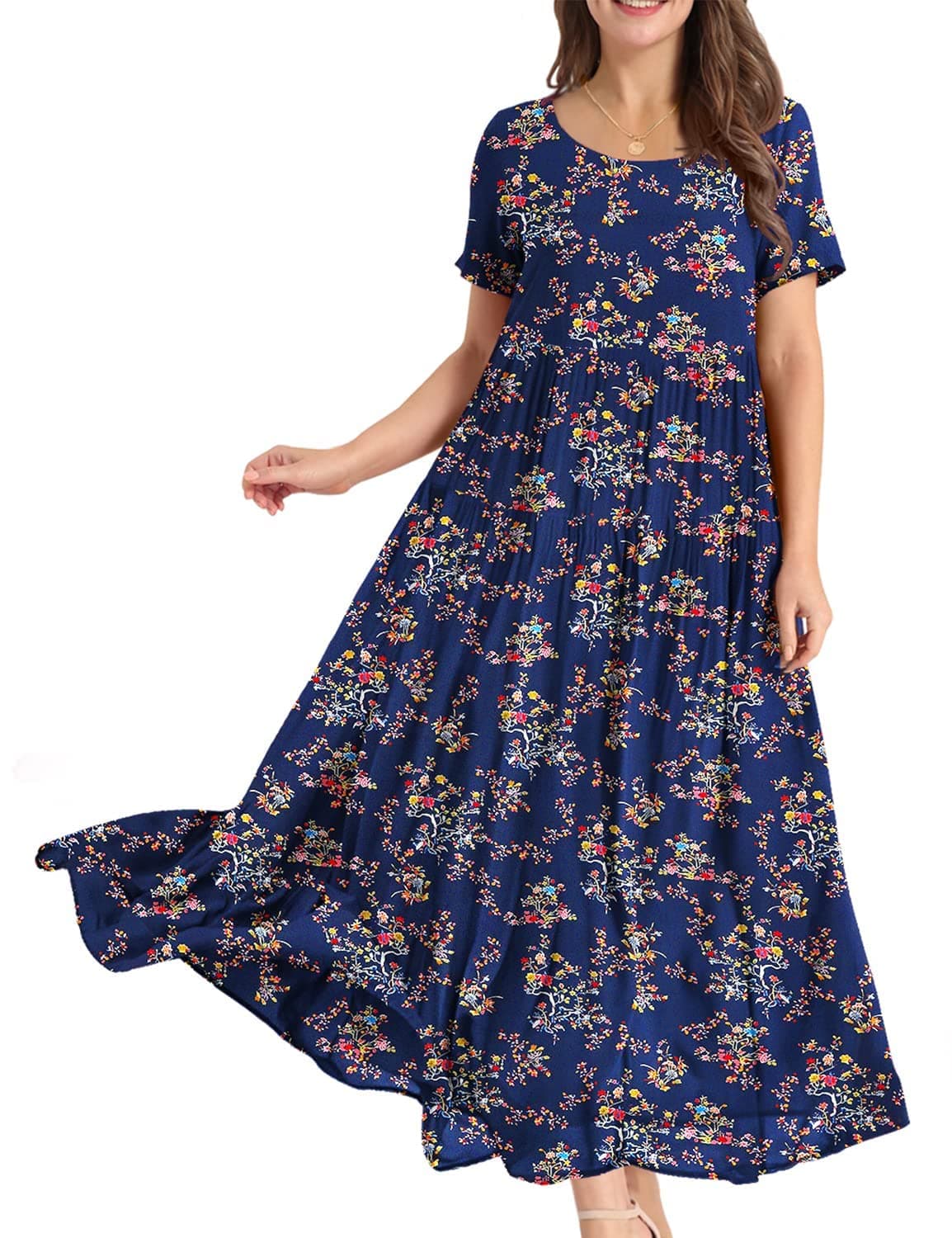 👗 YESNO Damen Kleider Freizeit Lose Sommerkleid Lang Boho Maxikleid für Rundhals Strandkleid Blumenkleid EJFDE L Cr30 Navy Blau