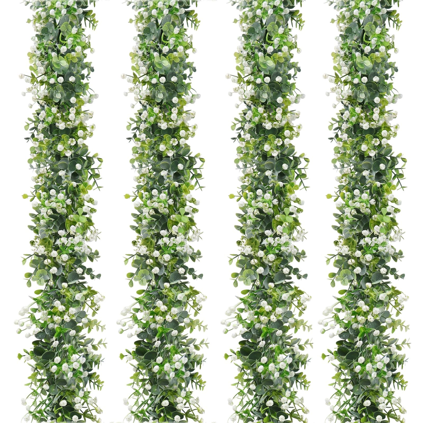🌿 4 Stück Künstliche Eukalyptus Girlande mit Weißen Blumen - Handgemachte Grüne Dekoration