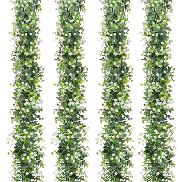 🌿 4 Stück Künstliche Eukalyptus Girlande mit Weißen Blumen - Handgemachte Grüne Dekoration