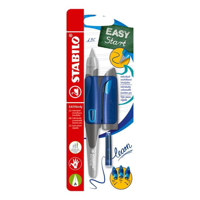 🌟 STABILO Ergonomischer Schulfüller für Rechtshänder mit Anfänger-Feder A - EASYbirdy in mitternachtsblau/azur 🌟