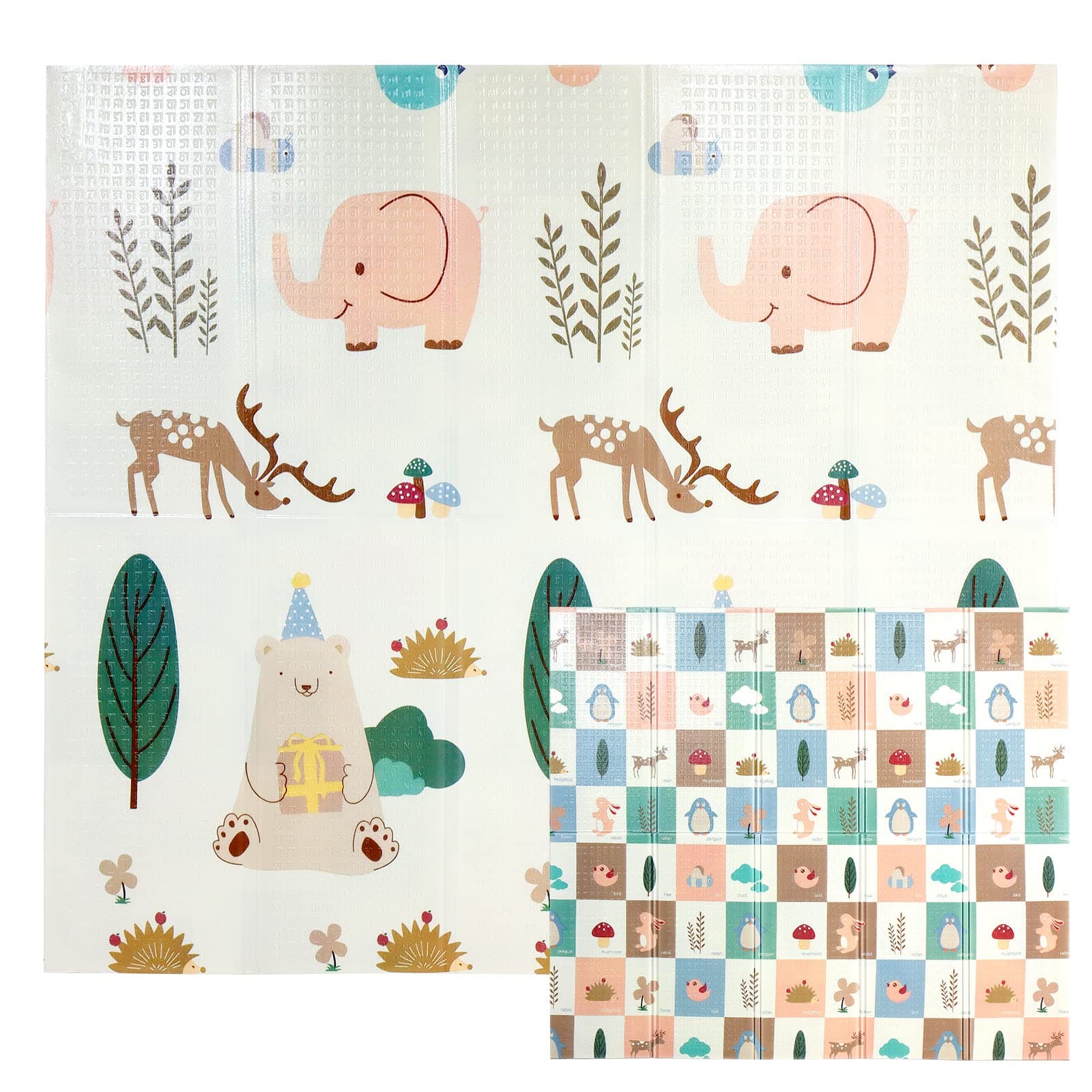 🐘🌳 CCLIFE Krabbelmatte Baby Spielmatte Kinder 196x176x1cm Faltbar Spielteppich Spielunterlage Groß Rutschfest Beidseitig Tragbar Wasserdicht Innen Außen Bunt Elefant & Wald Elfen