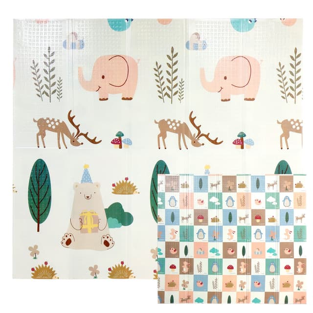🐘🌳 CCLIFE Krabbelmatte Baby Spielmatte Kinder 196x176x1cm Faltbar Spielteppich Spielunterlage Groß Rutschfest Beidseitig Tragbar Wasserdicht Innen Außen Bunt Elefant & Wald Elfen