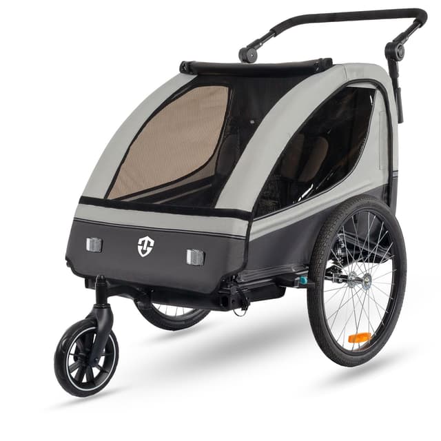 🚴‍♂️👶 Tiggo VS Kinderanhänger 360° Drehbar mit Federung 2in1 Fahrradanhänger mit Buggy Set Jogger 5-Punkt Gurt Fahrrad Anhänger für 1 bis 2 Kinder max. 40kg Grau