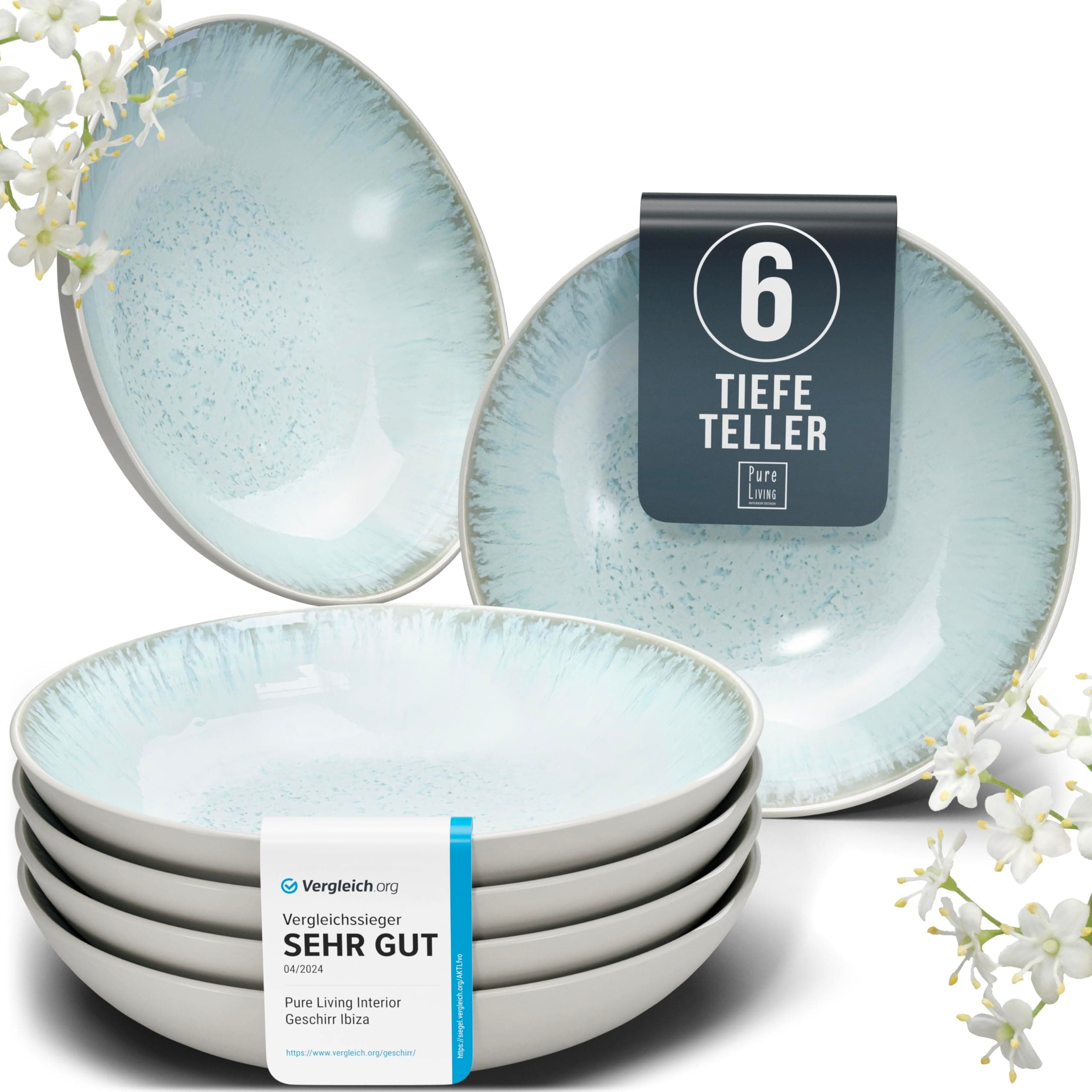 Steingut Suppenteller 6 Pers. Ibiza Hochwertiges Mediterranes Steingut Tiefe Teller Set