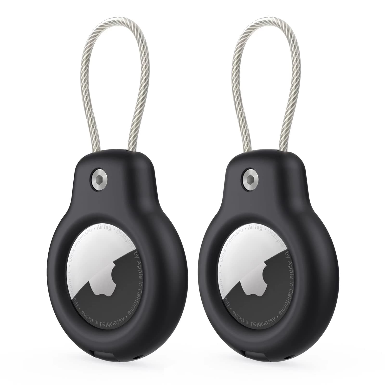 🔒🏷️ SPGUARD Apple AirTag Secure Halter mit Kabel, 2er Pack Schlüsselanhänger Schwarz/Schwarz