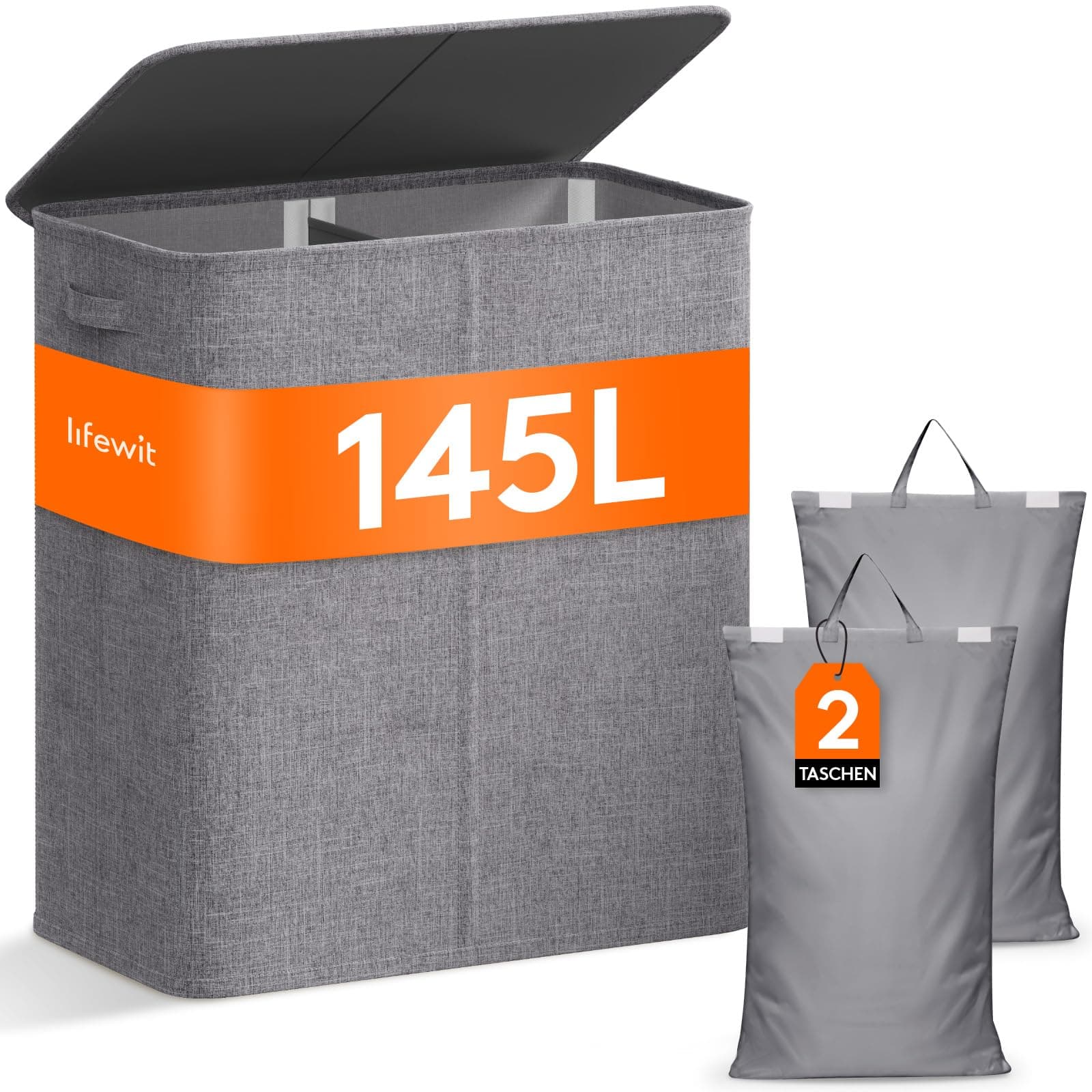 🧺 Lifewit 145L Wäschekorb 2 Fächer, Wäschesammler mit Deckel, Wäschekorb Wäschekörbe Groß 2 Abnehmbarem Wäschesack, Laundry Baskets mit Griffen, Waschenkorbe Wäschetonne Wäschesortierer,Hellgrau 145L Hellgrau