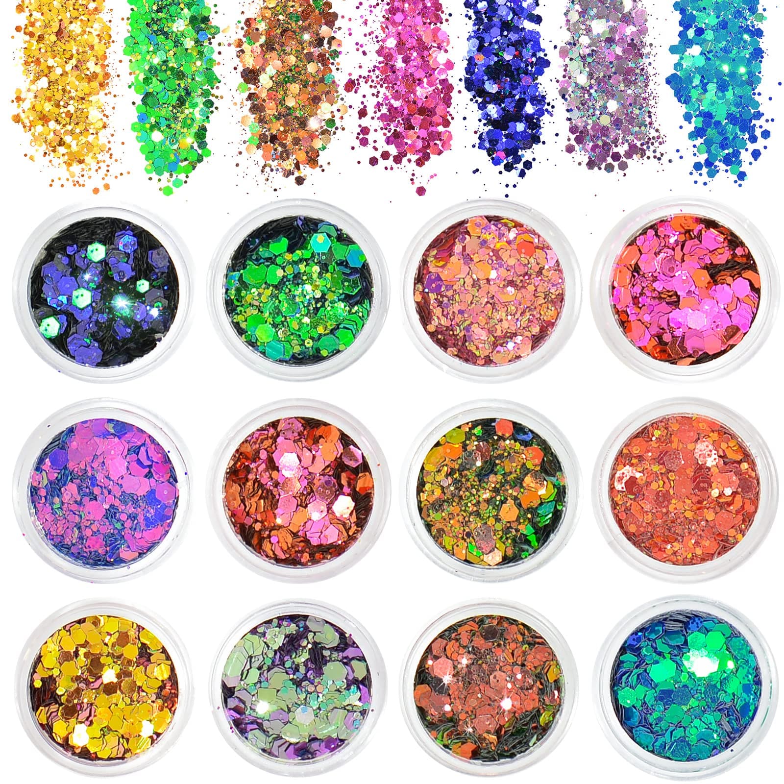 AOOWU Glitter - 12 Farben Festival Glitzer Gesicht, Halloween Schminke Make-up