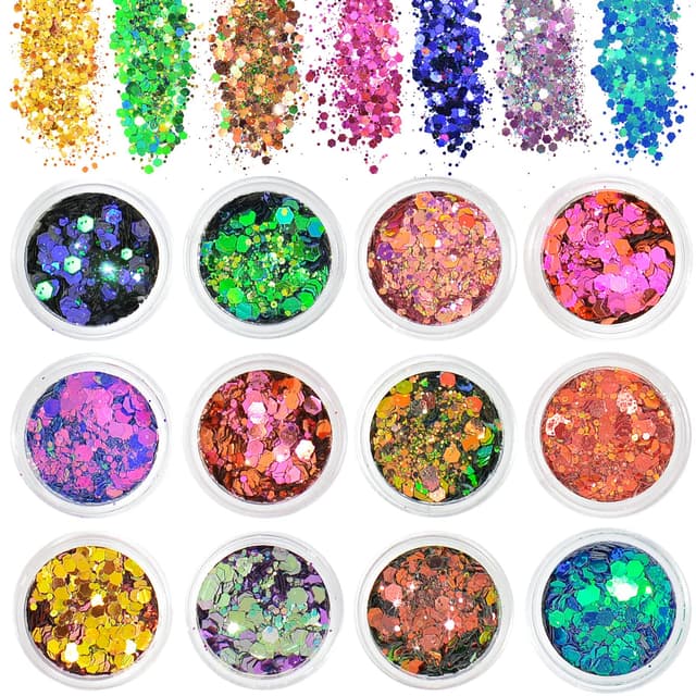 AOOWU Glitter - 12 Farben Festival Glitzer Gesicht, Halloween Schminke Make-up