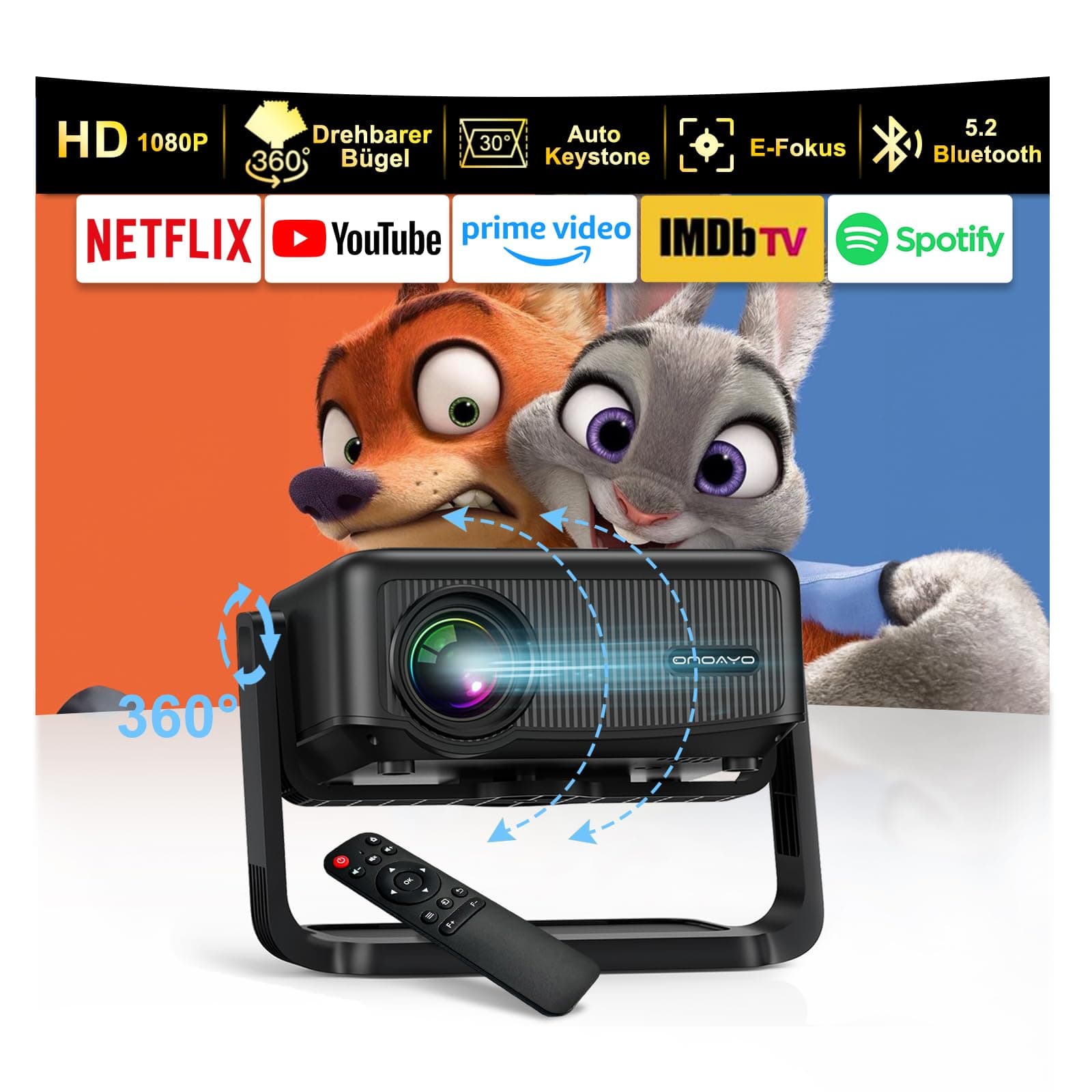 Deal: ONOAYO Beamer mit 360° Drehbarem Ständer und 1080P FHD Auflösung 🎥