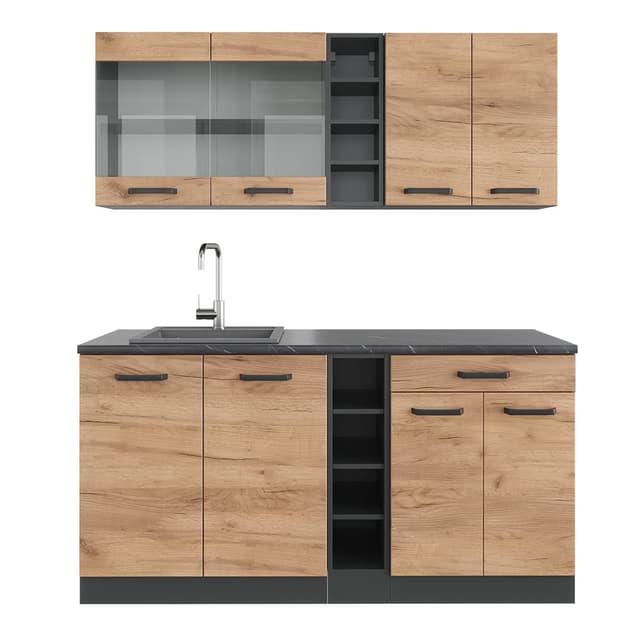 🌟 Vicco Singleküche R-Line, Goldkraft Eiche/Anthrazit, 160 cm 🌟