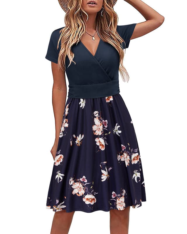 🌸 STYLEWORD Damen Sommerkleid Kurzarm V-Ausschnitt Kleider Blumenmuster Kleid 🌼