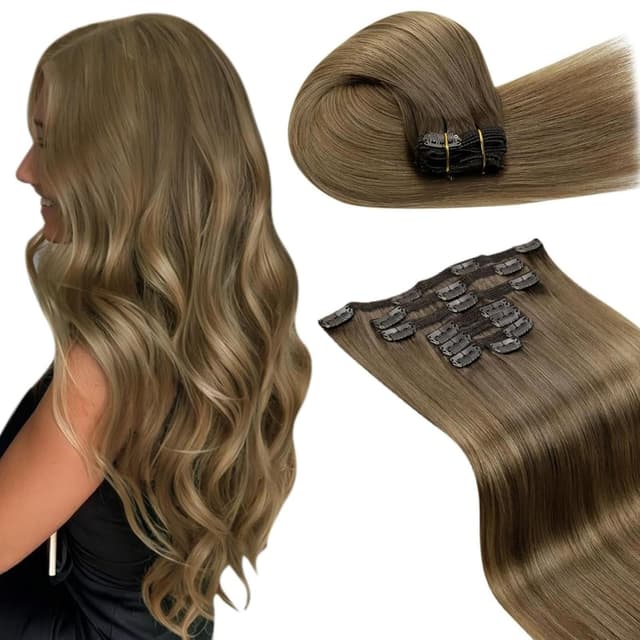 LaaVoo Extensions Clip in Echthaar Mittelbraun Balayage Clip in Extensions Echthaar Ombre Hellbraun Dunkelblond Haarverlängerung Echthaar Clips Remy Menschenhaar 150g 7PCS #6/8/14 55cm 55cm-135g 1.4#6/8/14 - Sonderangebot! 🌟