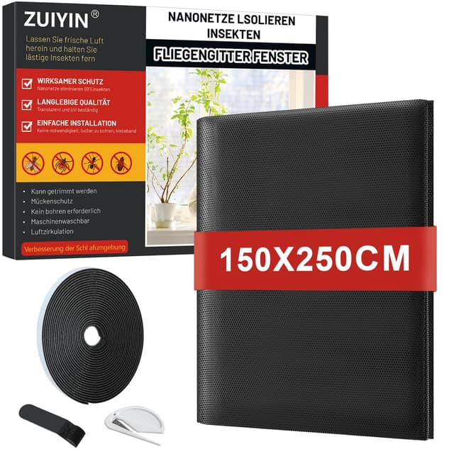 ZUIYIN Fliegengitter Fenster 150x250 cm Schwarz 🪲 Insektenschutz ohne Bohren