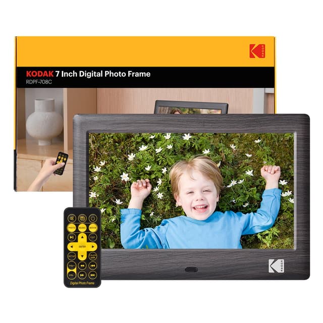 📸 KODAK 7 Zoll Digitale Bilderrahmen - IPS-Bildschirm - Foto/Musik/Video Player - Kalender - Alarm - Automatisch Drehende - mit Fernbedienung - Schwarz