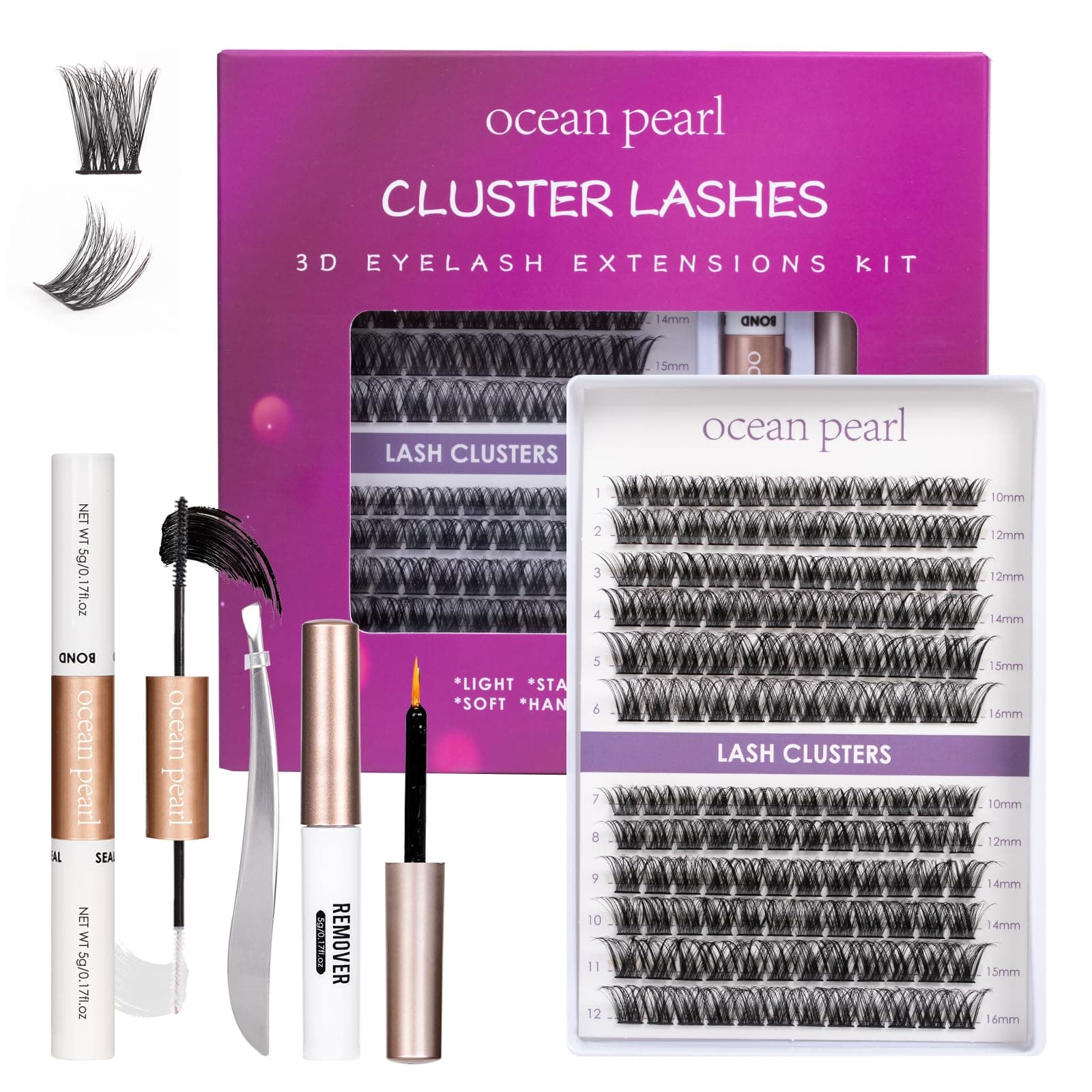 🌊 OCEAN PEARL Wimpern Cluster 144PCS Künstliche Wimpern 10-16mm DIY Wimpern Extensions Set D Curl Einzelne Wimpern Mit Mascara Pinsel Lash Kleber Entferner Wimpern Applikatoren für Anfänger-DM01 144pcs Clusters Plus Kit-OP01 🌺