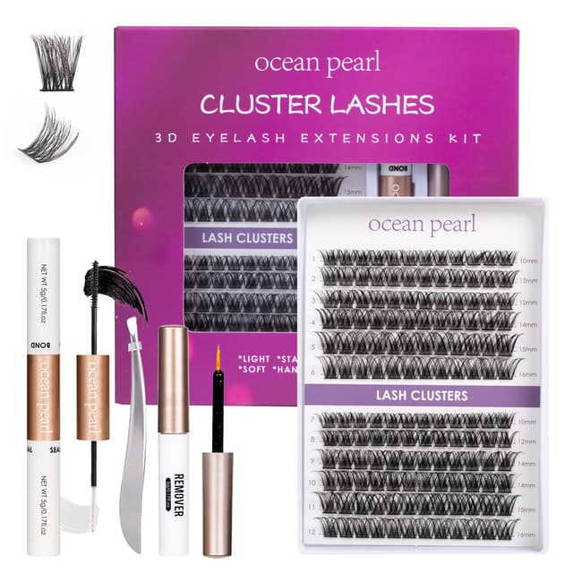 🌊 OCEAN PEARL Wimpern Cluster 144PCS Künstliche Wimpern 10-16mm DIY Wimpern Extensions Set D Curl Einzelne Wimpern Mit Mascara Pinsel Lash Kleber Entferner Wimpern Applikatoren für Anfänger-DM01 144pcs Clusters Plus Kit-OP01 🌺