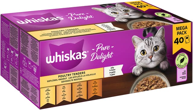 🐱 Whiskas 1+ Katzennassfutter Ragout Geflügel Auswahl in Gelee, 40x85g – 40 Portionsbeuteln Geflügel Ragout 3.4 kg