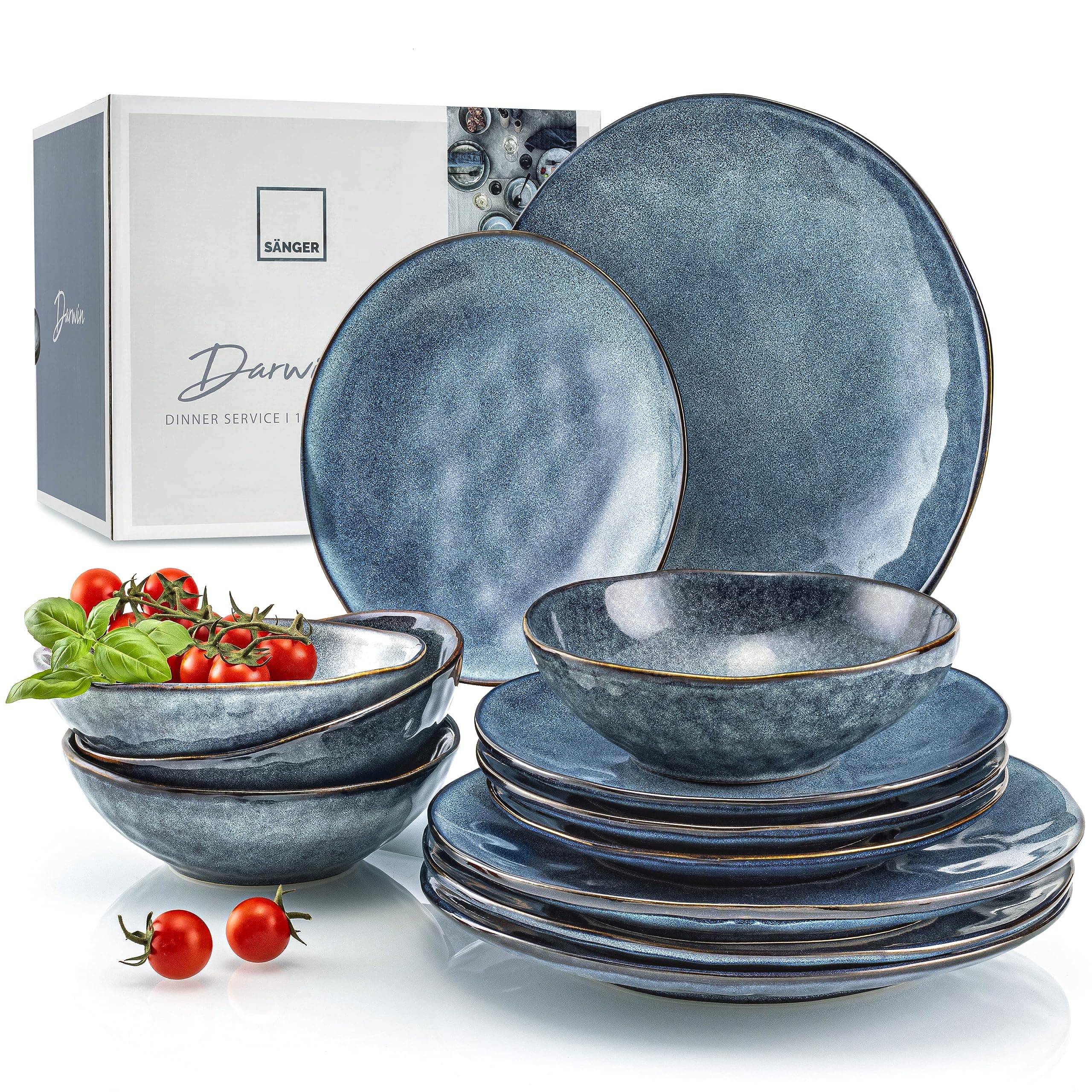 SÄNGER | Tafelservice Darwin 12 tlg, Steingut Geschirrset 4 Personen, Teller Set in Blau inkl. Speiseteller Dessertteler & Tiefe Teller, Essgeschirr, Geschirr Set Handmade | PREMIUM COLLECTION Tafelservice 12 Tlg.
