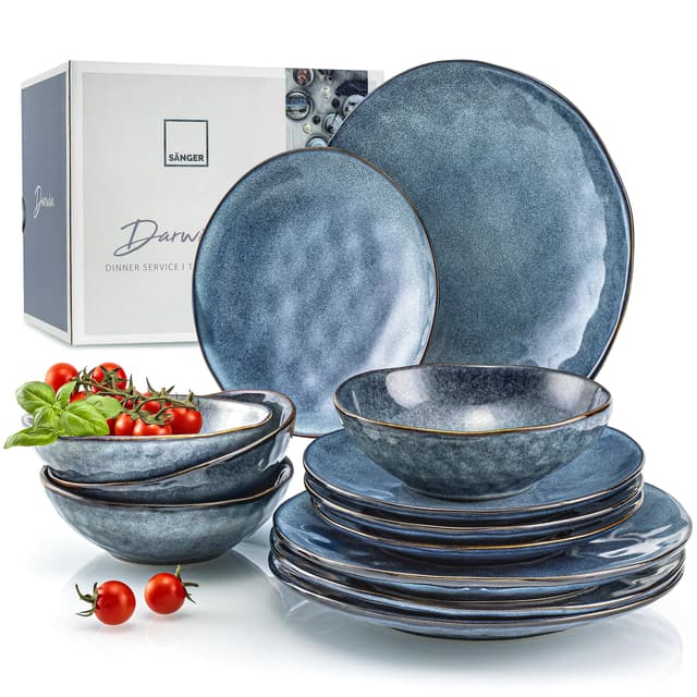 SÄNGER | Tafelservice Darwin 12 tlg, Steingut Geschirrset 4 Personen, Teller Set in Blau inkl. Speiseteller Dessertteler & Tiefe Teller, Essgeschirr, Geschirr Set Handmade | PREMIUM COLLECTION Tafelservice 12 Tlg.