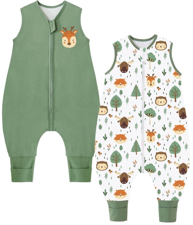 👶🌟 Chilsuessy 2er Pack Baby Sommerschlafsack mit Füßen 0.5 Tog Kleine Kinder Schlafsack mit Beinen 100% Baumwolle Schlafstrampler für Jungen Mädchen, Grün + Waldtiere, 100cm/Baby Höhe 110-120cm 🌟👶