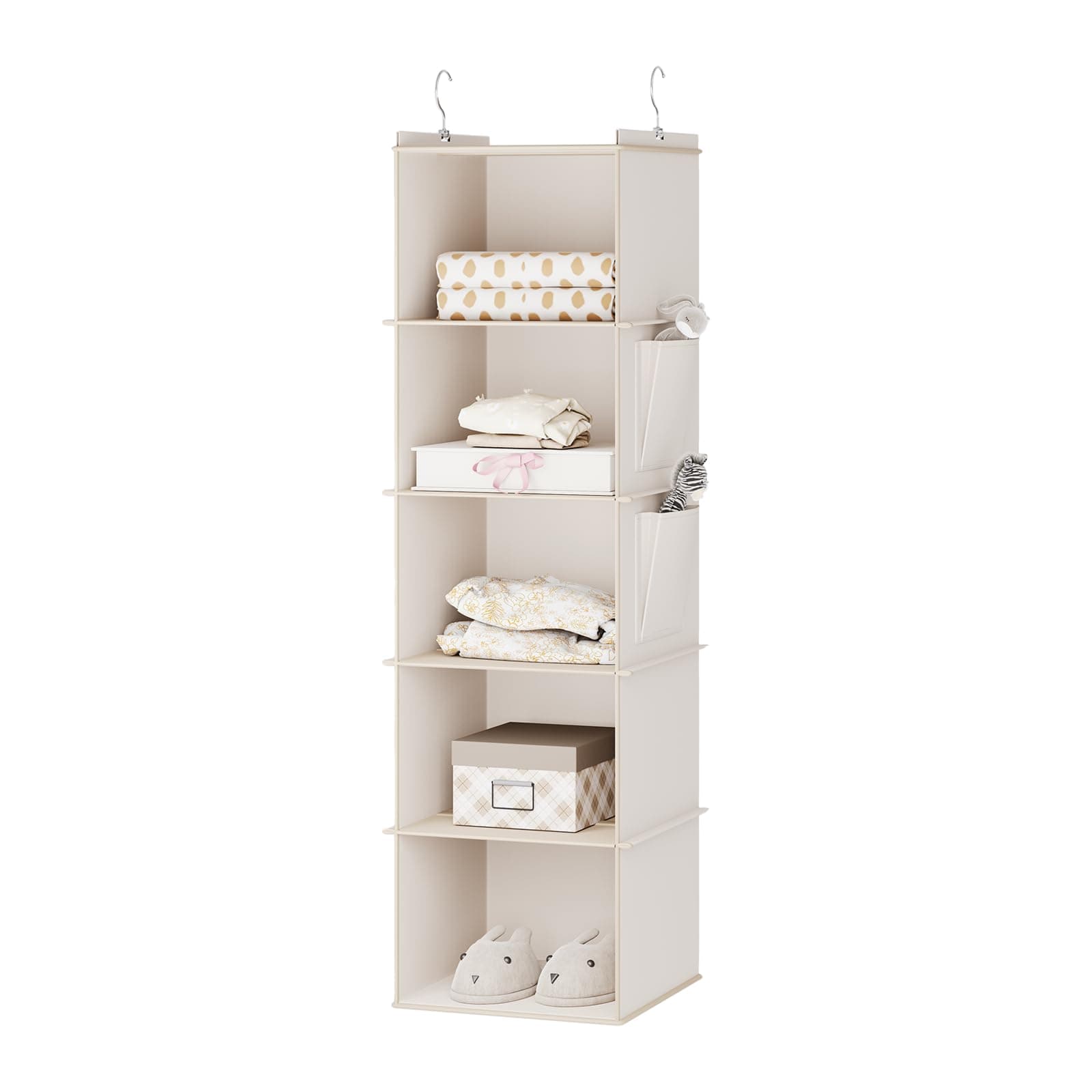 🌟 YOUDENOVA Hängeregal Stabiler Kleiderschrank Organizer 🛍️ Hängeaufbewahrung Schrankorganizer Hängeorganizer mit Bambus-Stöcke und MDF-Platten Verstärkt 5 Fächer Beige 🎁