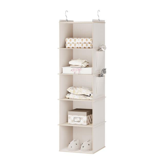 🌟 YOUDENOVA Hängeregal Stabiler Kleiderschrank Organizer 🛍️ Hängeaufbewahrung Schrankorganizer Hängeorganizer mit Bambus-Stöcke und MDF-Platten Verstärkt 5 Fächer Beige 🎁