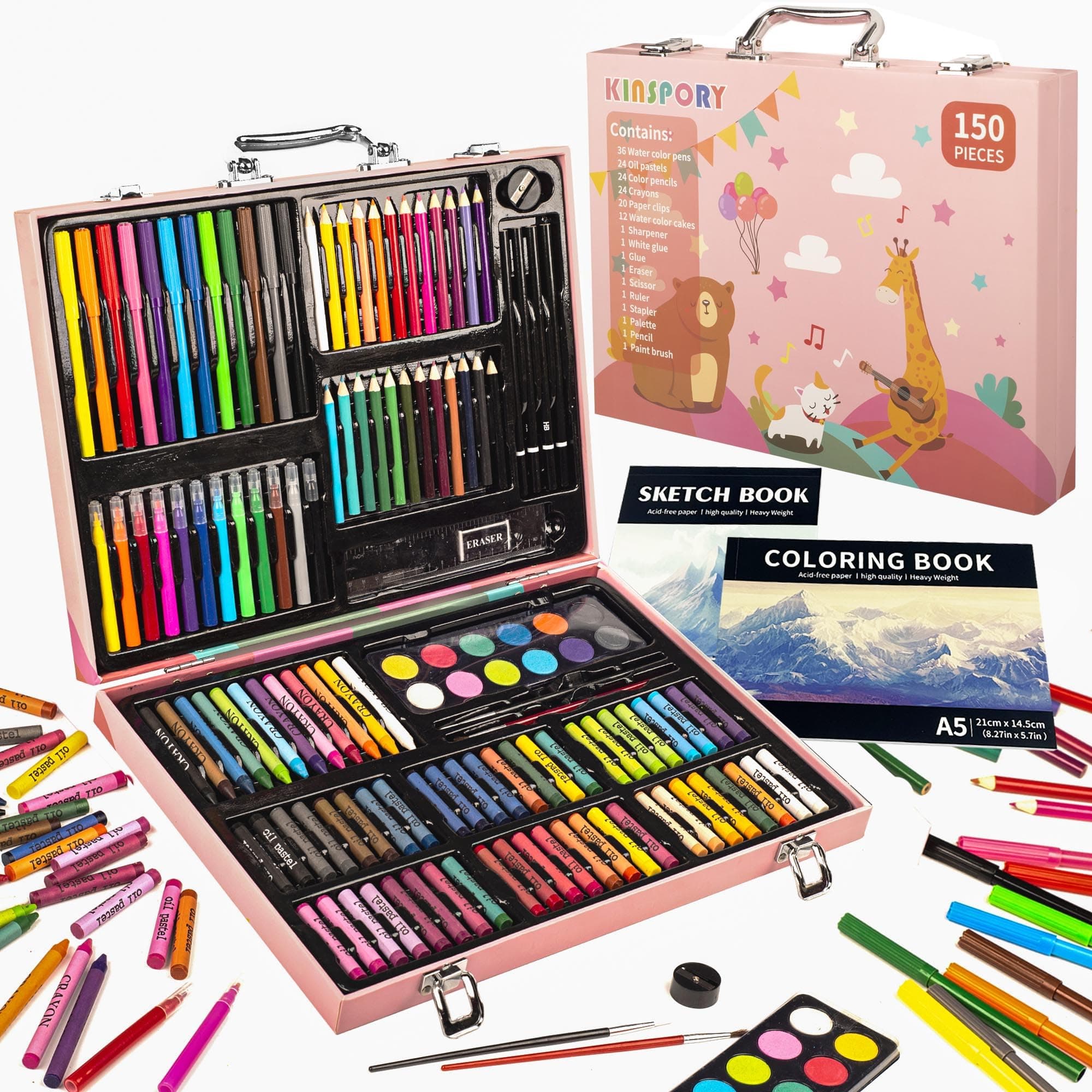 🎨 KINSPORY Premium Malkoffer Deluxe 150-teilig Malset für Kinder Anfänger 🌈 Tolles Buntstifte Set 🖌️ Wasserfarben, Ölpastellfarbe, Zeichenstifte, Bleistifte als Zeichenset Geschenk Kinder Rosa