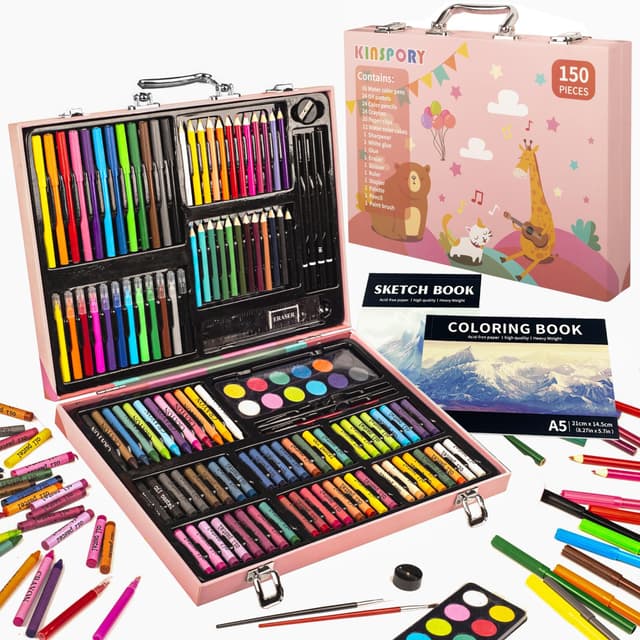 🎨 KINSPORY Premium Malkoffer Deluxe 150-teilig Malset für Kinder Anfänger 🌈 Tolles Buntstifte Set 🖌️ Wasserfarben, Ölpastellfarbe, Zeichenstifte, Bleistifte als Zeichenset Geschenk Kinder Rosa