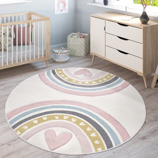 🌈🦄 Paco Home Teppich Kinderzimmer Kinderteppich Junge Mädchen 3D Effekt Modern Regenbogen Herz Creme Rosa Grau