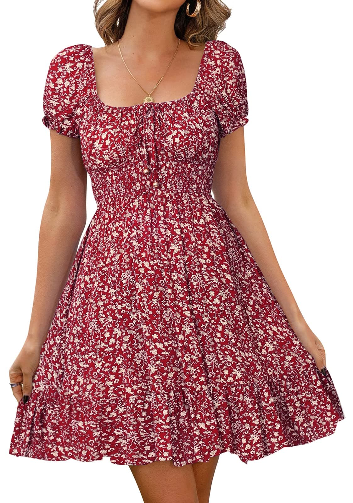 Livonmone Damen Kleid Lässig Sommerkleid 🌸 Blumendruck Hohe Taille Kleider Puff Ärmel Retro Sexy Casual Tunika Beach Minikleid Burgund L