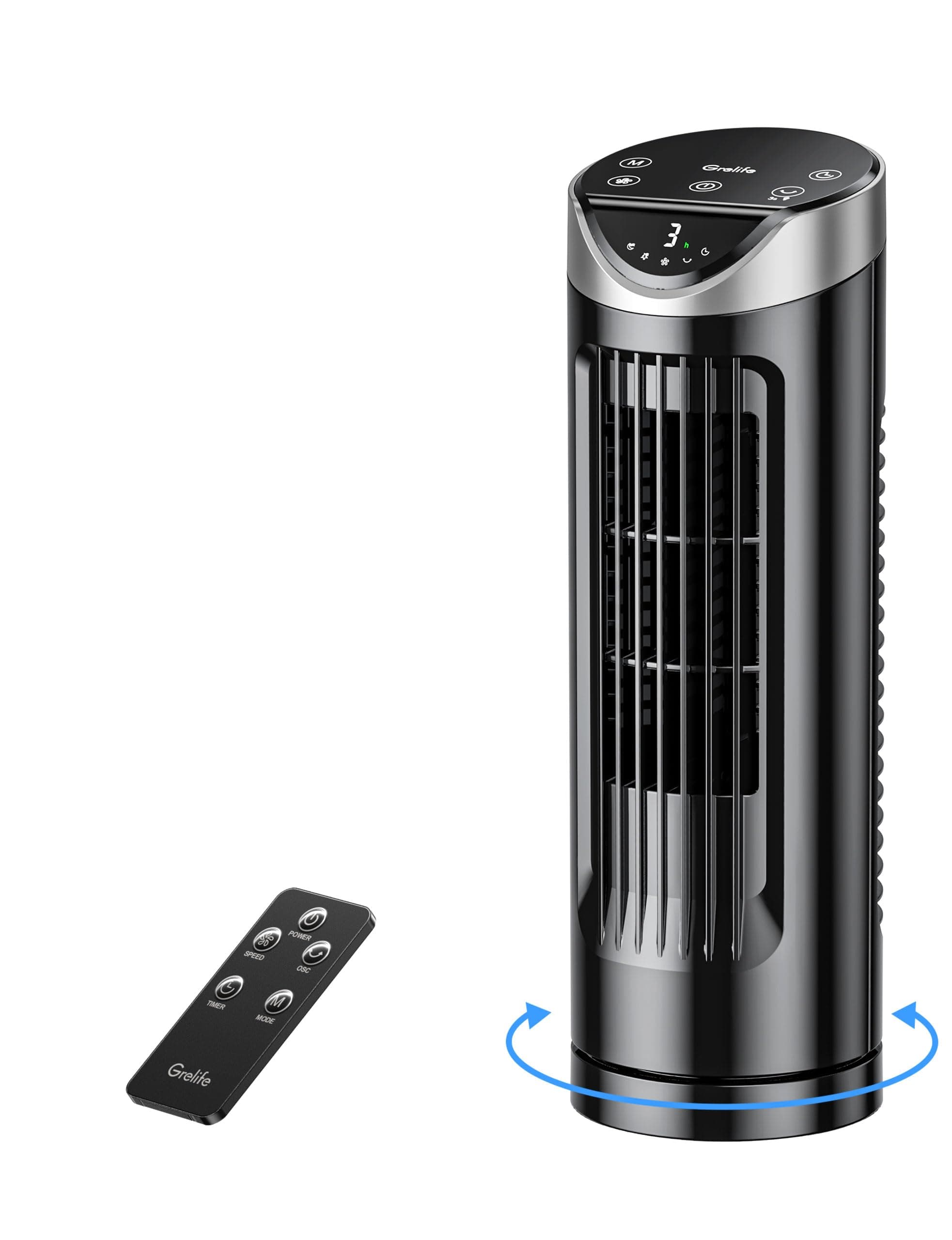 🌀🌬️ Grelife Turmventilator mit Fernbedienung, 13 Zoll Ventilator Leise mit 3 Modi 3 Geschwindigkeiten, 90° Oszillierend Tischventilator Schwarz