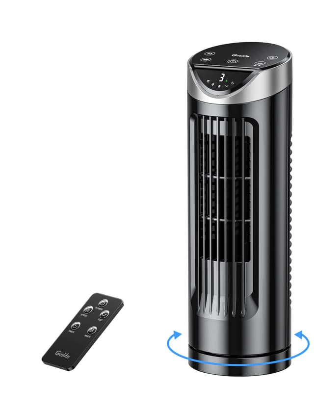 🌀🌬️ Grelife Turmventilator mit Fernbedienung, 13 Zoll Ventilator Leise mit 3 Modi 3 Geschwindigkeiten, 90° Oszillierend Tischventilator Schwarz