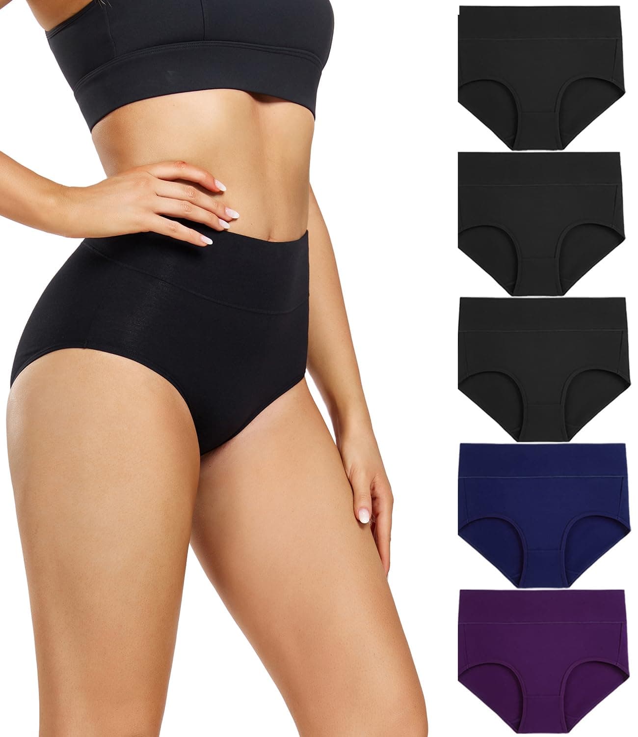 🌟 Wirarpa Damen Unterhosen Baumwolle Hohe Taille Slips 5er Pack - M 3schwarz, 1blau, 1lila