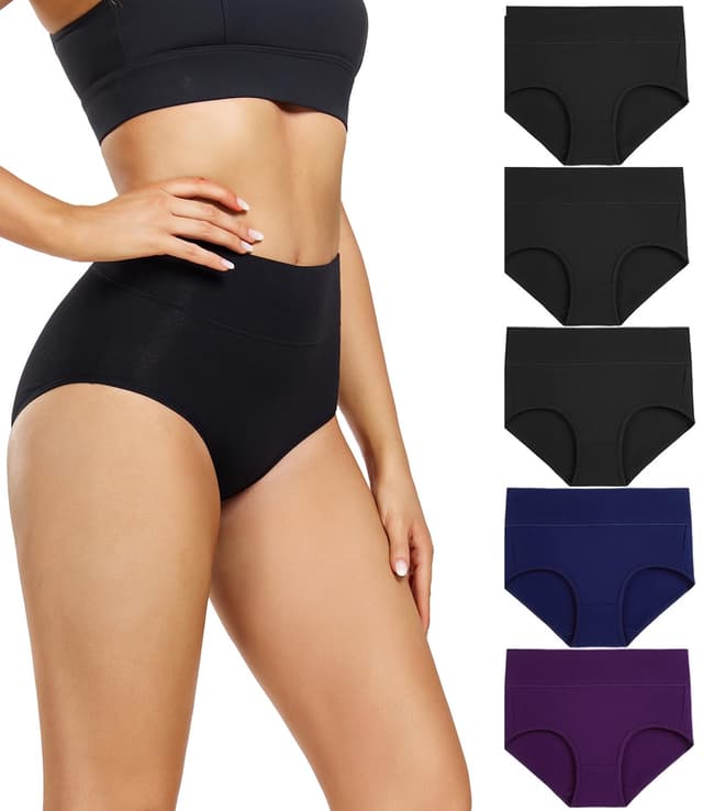🌟 Wirarpa Damen Unterhosen Baumwolle Hohe Taille Slips 5er Pack - M 3schwarz, 1blau, 1lila