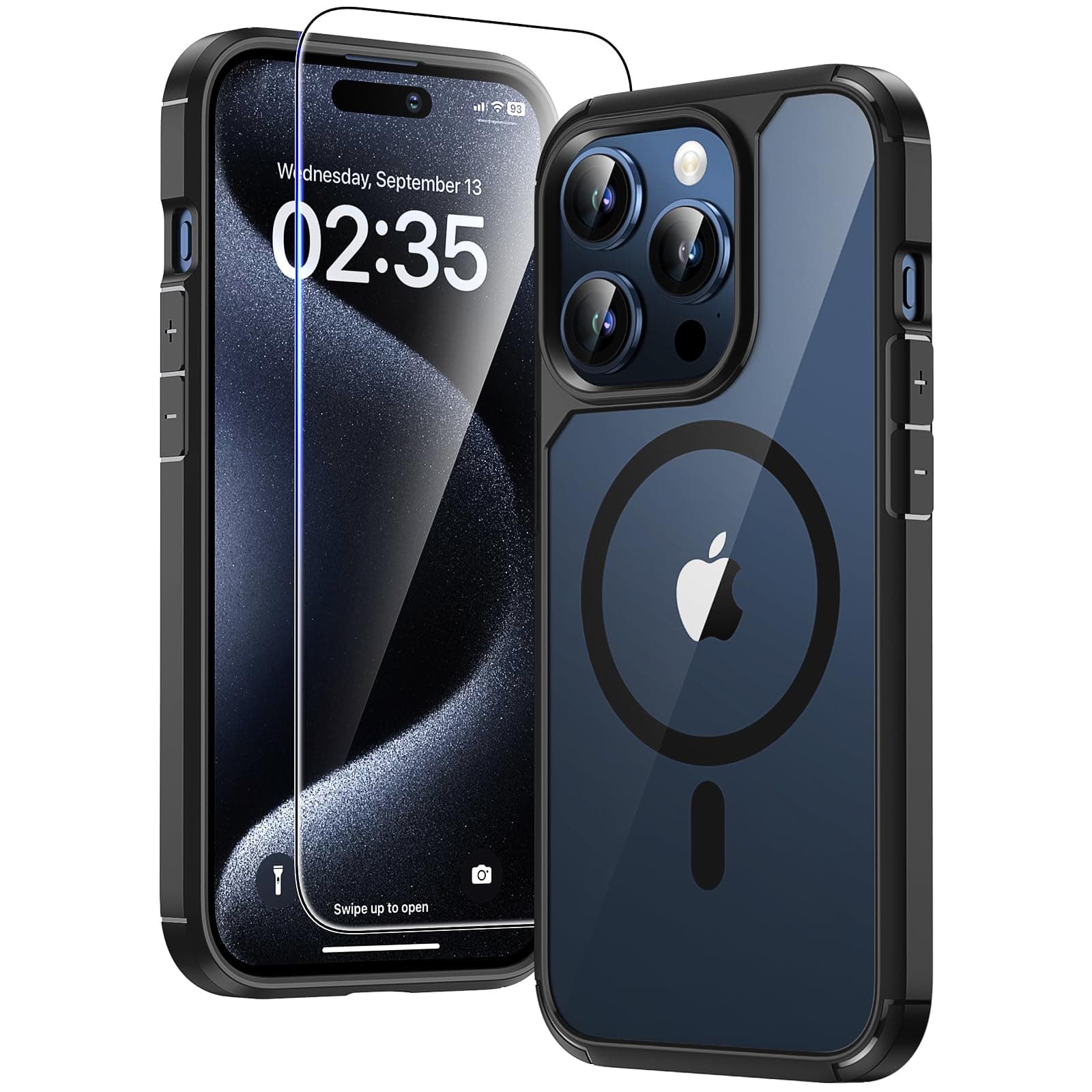 TAURI 3-in-1 iPhone 15 Pro Hülle 6,1" mit Panzerglas Schutzfolie - Schwarz