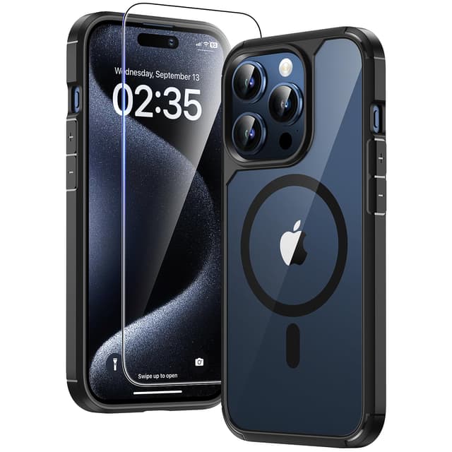 TAURI 3-in-1 iPhone 15 Pro Hülle 6,1" mit Panzerglas Schutzfolie - Schwarz
