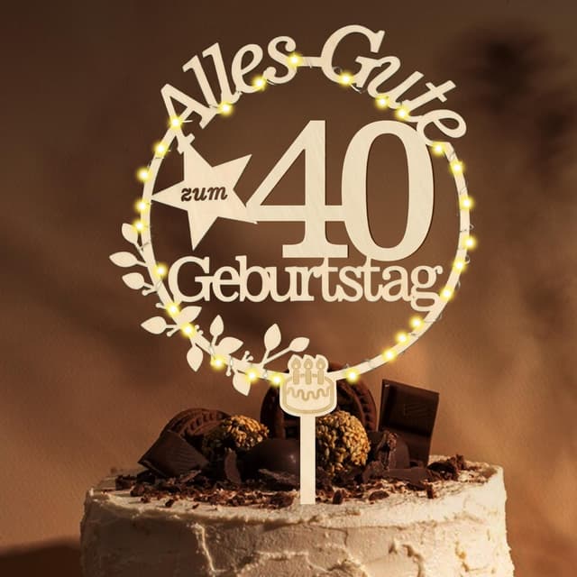 🎉 Giftota Cake Topper 40. Geburtstag Holz mit LED Lichterkette - 40. Geburtstag Deko Frauen Männer