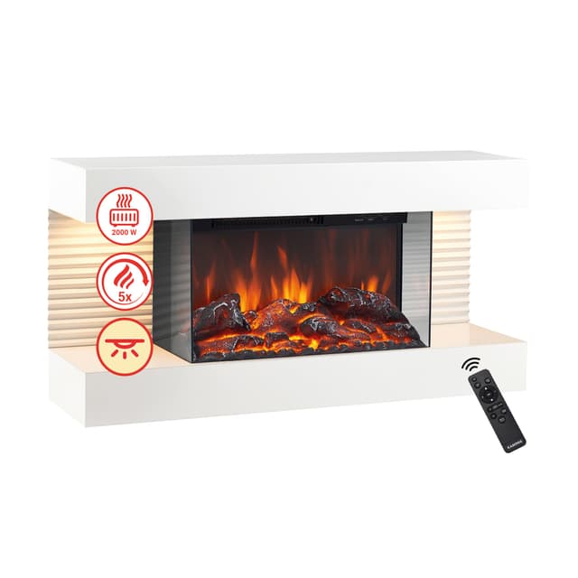 🔥 KAMINIO Elektrokamin Liz - Elektrischer Wandkamin mit Heizung, 3D-Flammeneffekt, LED-Ambientelicht, Fernbedienung (Weiß) 🔥