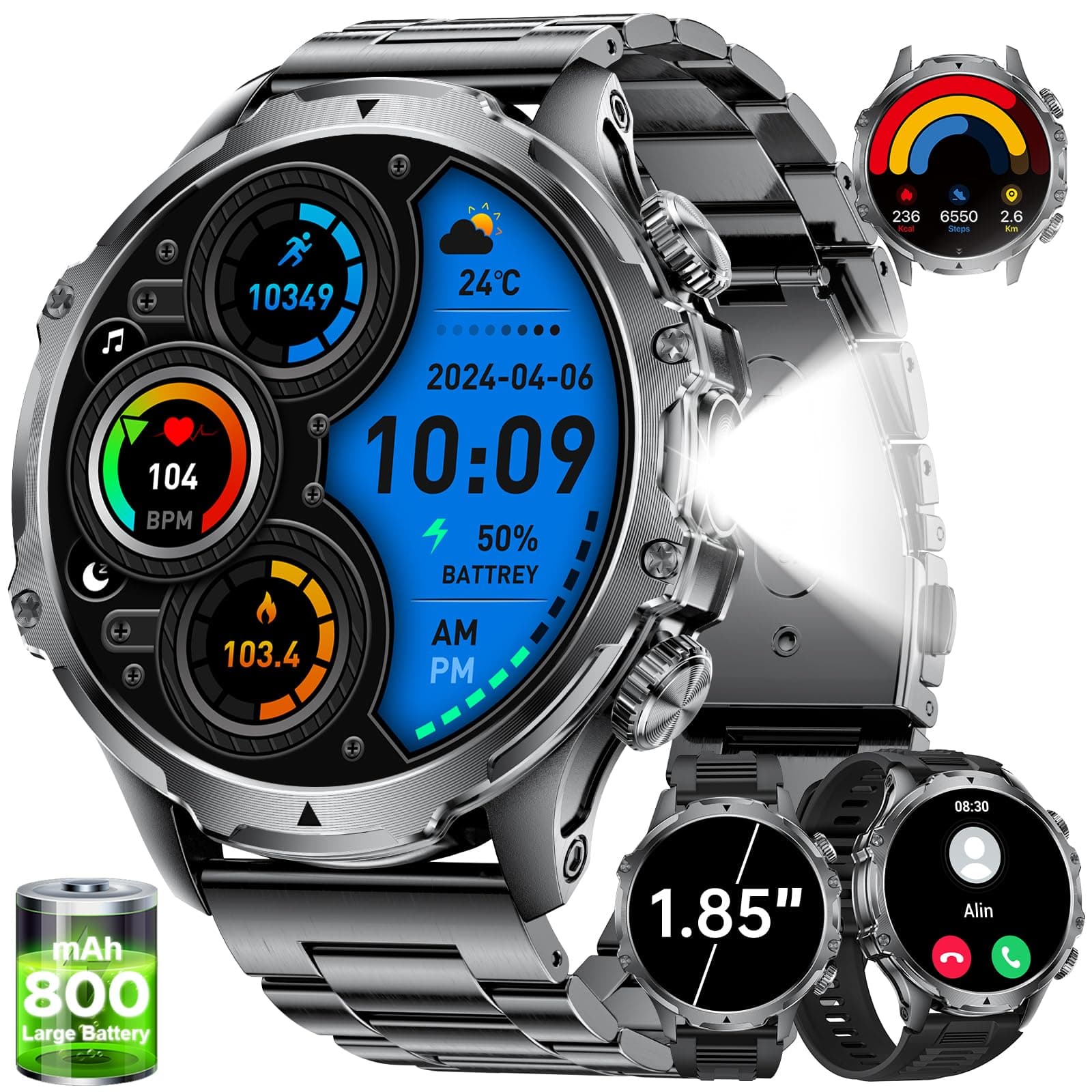 Herren Smartwatch FV15-C-WSD mit 1,85'' HD Display und LED-Taschenlampe 🌈👩‍💼