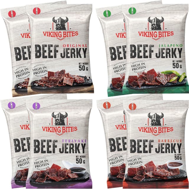 Viking Bites Beef Jerky Mischkarton 400g (8 x 50g) 🥩🔥 - 2x Original, 2x Jalapeno, 2x Barbecue, 2x Teriyaki