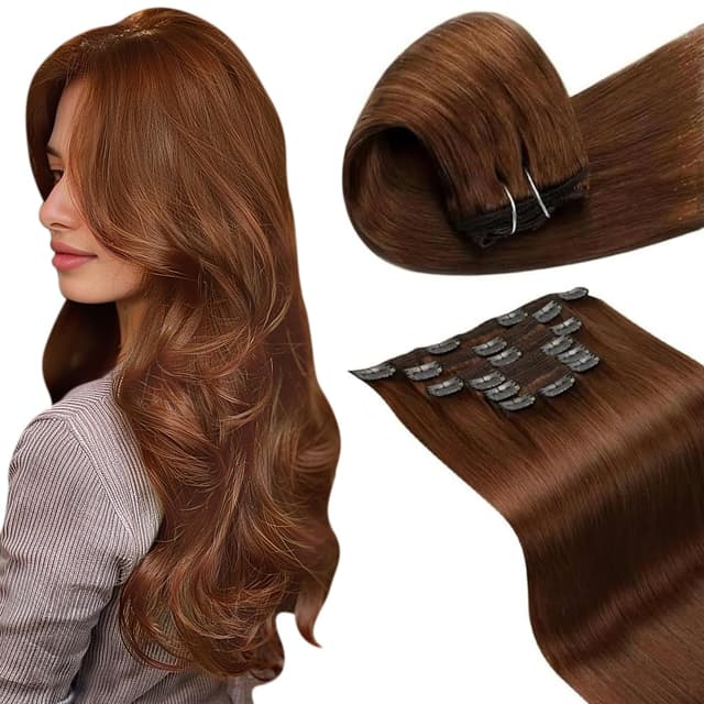 LaaVoo Clip in Extensions Echthaar, Auburn Braun Haarverlängerung 🌟