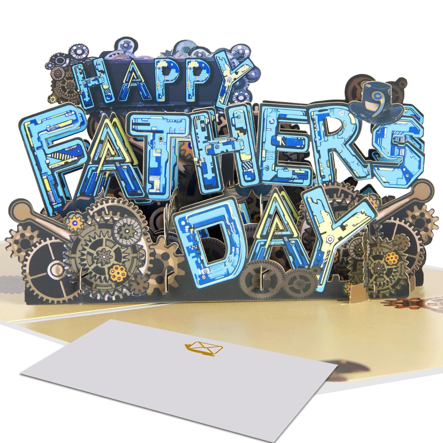 Pop-up Karte zum Vatertag - 3D Karte mit 'HAPPY FATHER'S DAY' Schriftzug, Zahnrädern & Figur