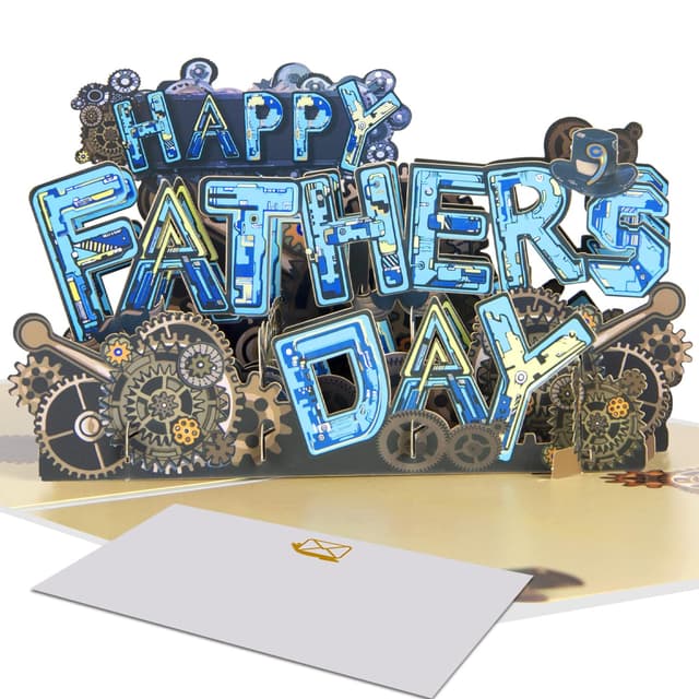 Pop-up Karte zum Vatertag - 3D Karte mit 'HAPPY FATHER'S DAY' Schriftzug, Zahnrädern & Figur