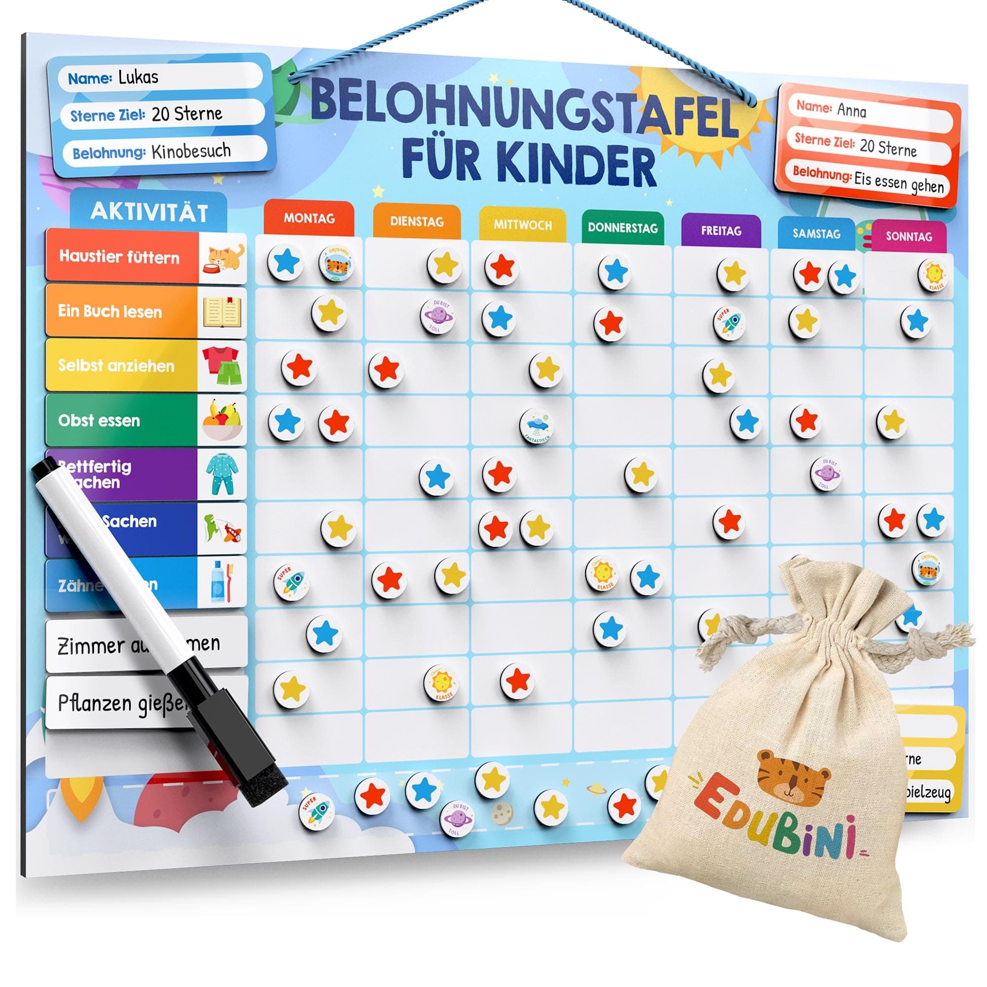 🚀 Edubini Belohnungstafel für Kinder - [100 AUFGABEN + 350 Magnete] - Belohnungssystem für Verantwortung